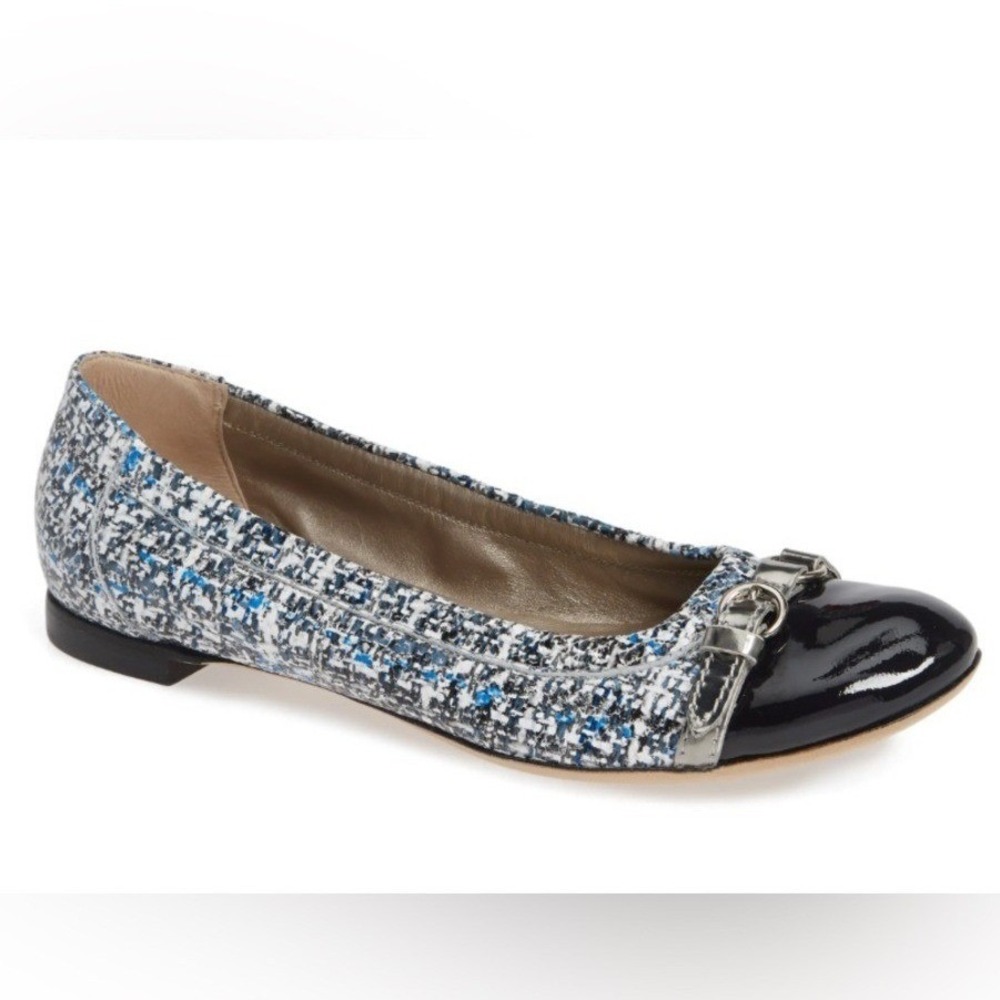 AGL $478 Leather Ballet Flat Loafer Shoe Navy Italian Patent Tweed Round Cap 9